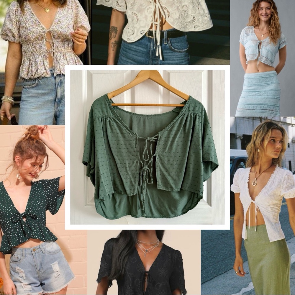 Blue green cropped textured boho tie front flutter sleeve top